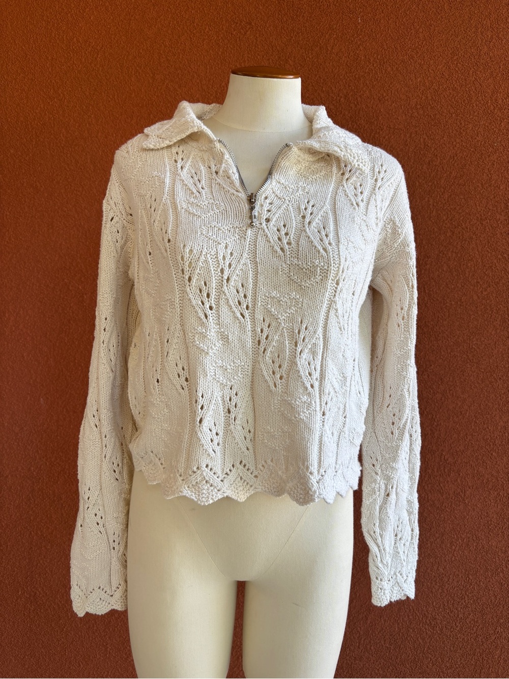 Cotton Cream Knit Zip Cardigan